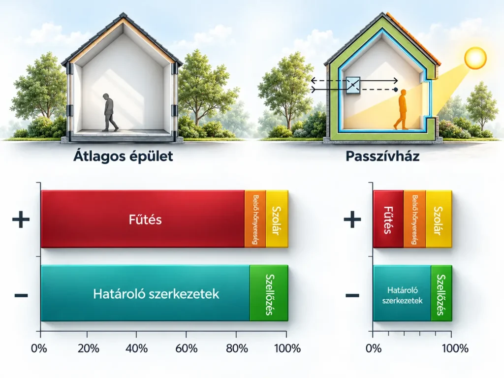A passzívház előnyeit bemutató illusztráció